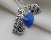I Love My Cat Colbalt Blue Beach Glass Necklace