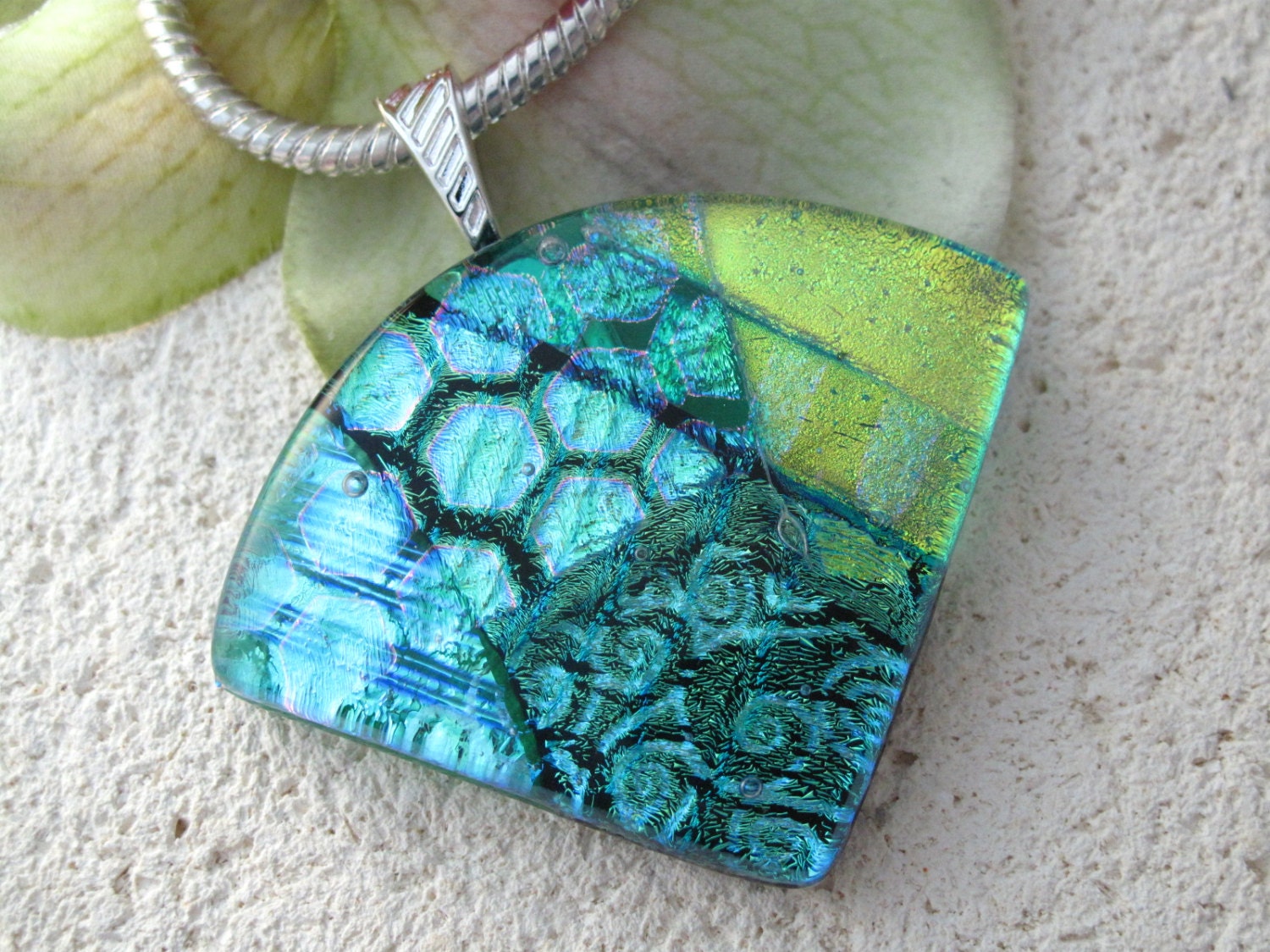 Aqua Green -  Necklace - Dichroic  Pendant -  Fused Glass Jewelry - Dichroic Glass Jewelry - Wedge Necklace Emerald - 042613p103