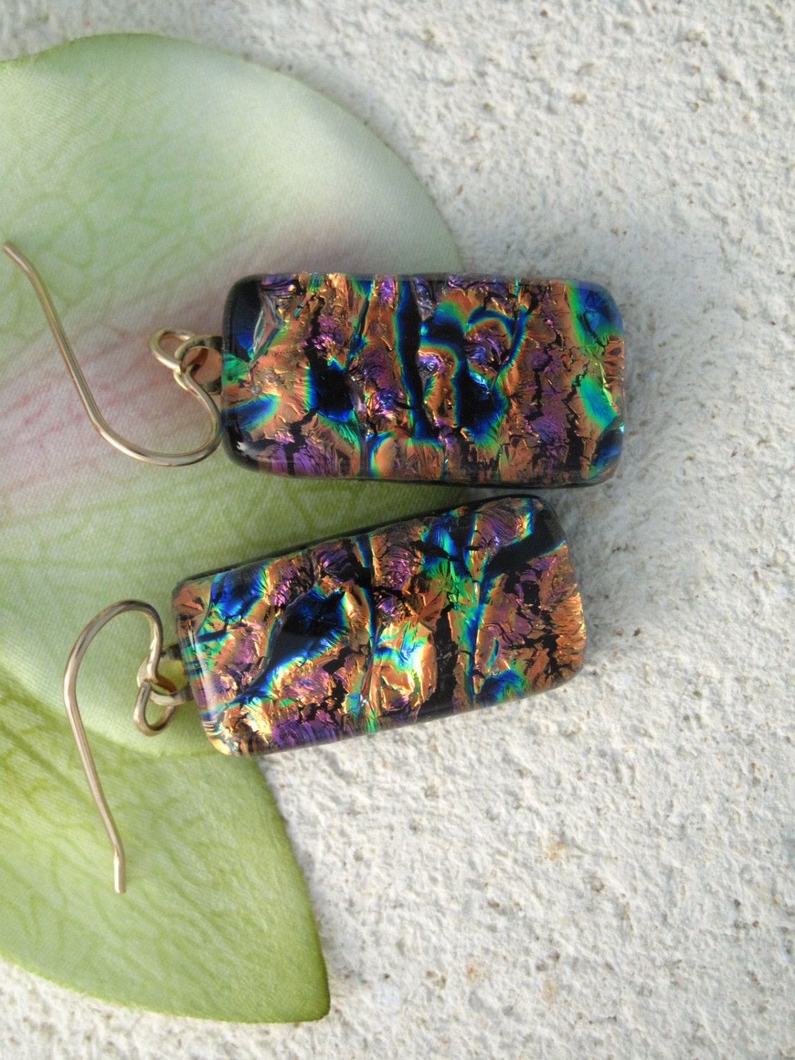 Dichroic Glass Earrings - Dangle - Dichroic Fused Glass Jewelry - Golden Copper  - 14KT GF Dangle Earrings 040613e119