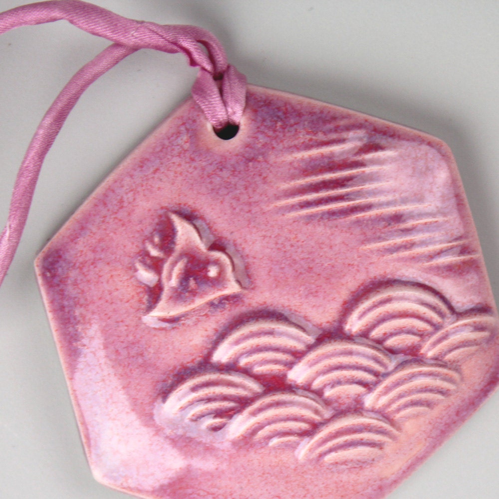 Deep Pink Chidori Bird Porcelain Ceramic Necklace