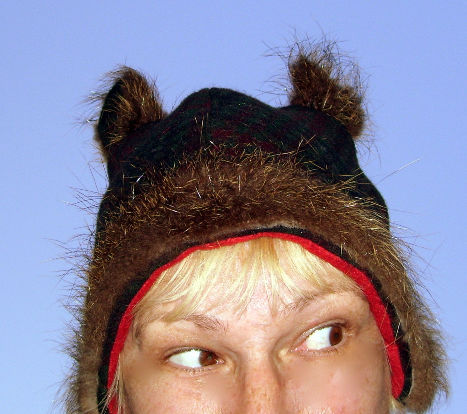 Plaid Wool Fur Hat Real Nutria Fur with Upcycled Wool Green Black Red Plaid Adult S M