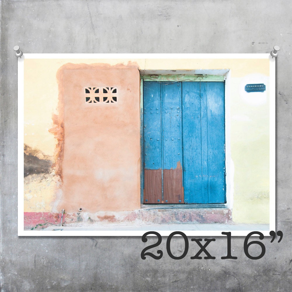 Cuban Art Print - wall, door, house, pastel yellow, salmon, blue - 16x20 inch fine art photography wall art
