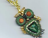 Beaded/ Beadwoven Owl Pendant . Goldstones . Emerald green Rhinestone . Genuine Pearls - Emerald Owl by enchantedbeads on Etsy