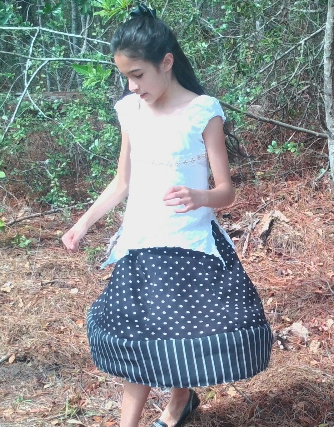 Black and White Polkadots Stripes Church Long Skirt Girls 4 5 toddler girls 6 7 8 9 10 skirts soft twirl skirt