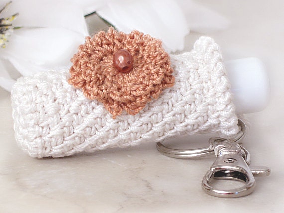 Lip Balm Holder Crochet Key Chain, Plush Off White Key Holder with Country Copper Crochet Flower