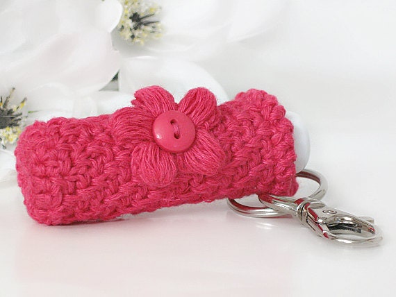 Lip Balm Holder Key Chain, Dark Fuchsia Plush & Thick Key Fob Holder, with Matching Crochet Puff Flower