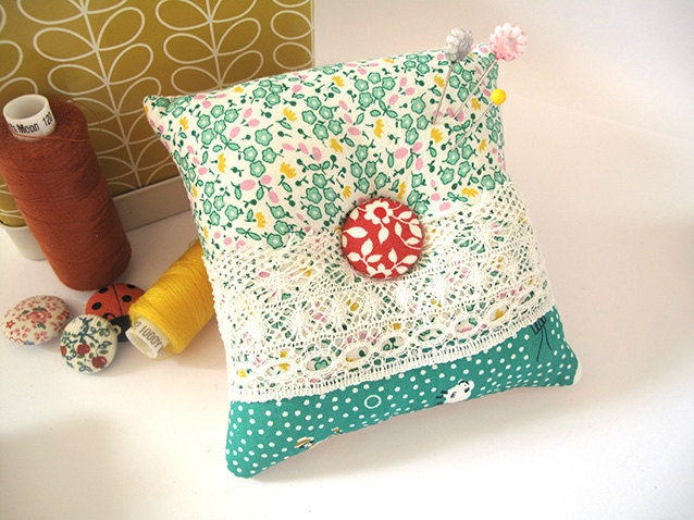 Floral and lace Pin cushion with Fabric covered button