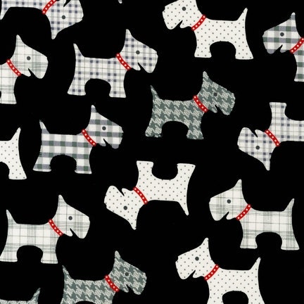 Pink Light Design, Whiskers and Tails, Scottie Dogs Black Fabric - By the Yard