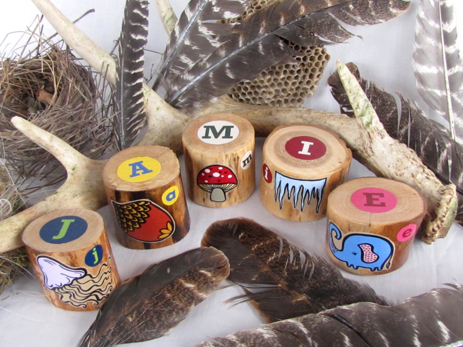 Woodland Name Blocks - Personalized Set of Five Alphabet blocks - OOAK