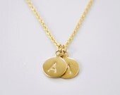 2 Brass Initials - personalized double charms 14k gold filled necklace - custom letter engraved discs