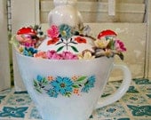 Vintage Owl on Milk Glass Cup Pin Cushion