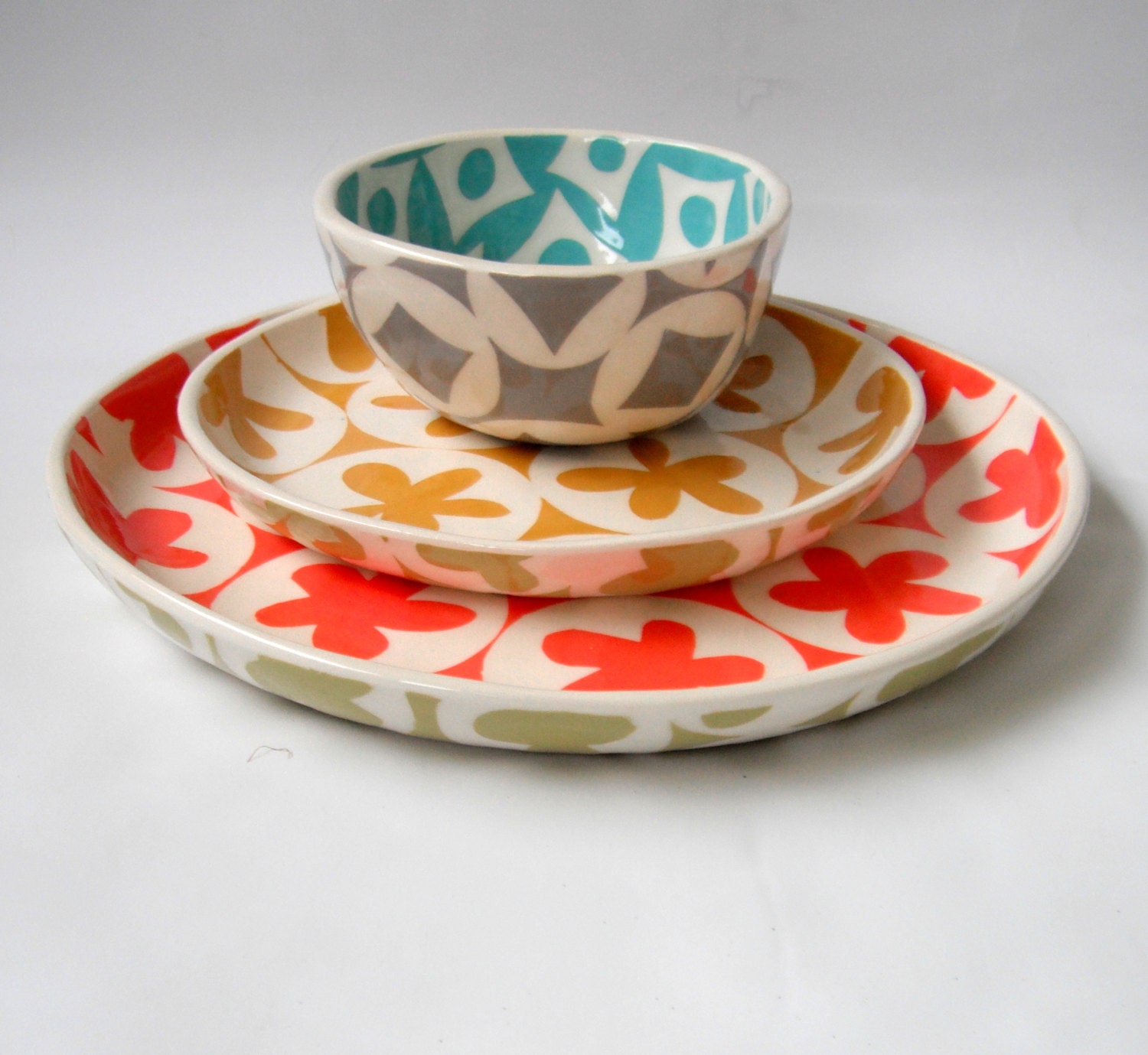 cereal bowl--turquoise and pale grey-made to order