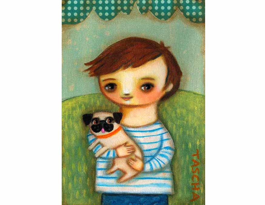 Little BOY with PUG dog cute kids room wall art PRINT from painting by tascha