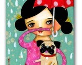 ORIGINAL rainy day PUG dog cute original acrylic on canvas painting by TASCHA