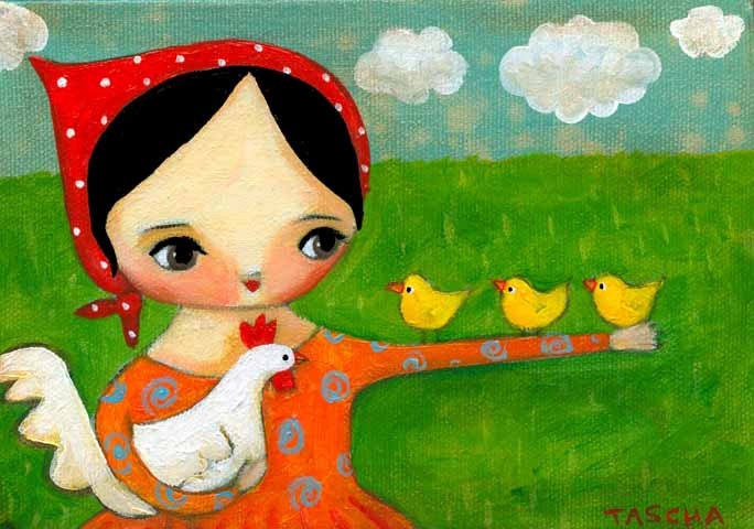 ORIGINAL chicken and baby chicks cute babushka girl acrylic painting on canvas by tascha