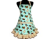 Tea Cup Apron , Retro Kitchen Decor , Blue with Brown and Cream Polk Dot Ruffle and Pocket