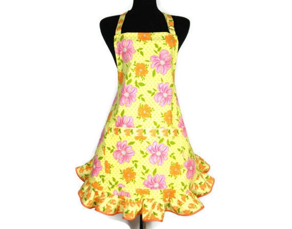 Pink and Orange Flowers on Yellow , Womens Retro Kitchen Apron , Adjustable with Ruffle and Pocket