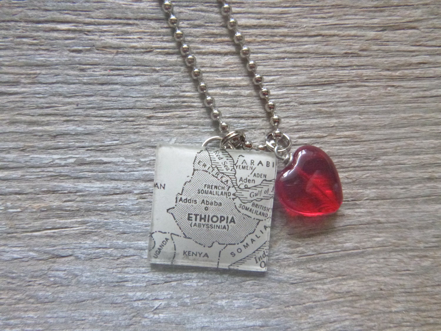 Ethiopia Africa Love - Altered Vintage Glass Watch Crystal Pendant Necklace - Recycled Upcycled - Ready To Ship