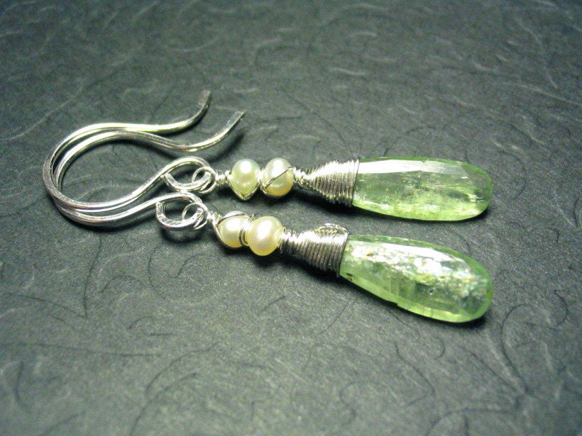 Green Kyanite and Freshwater Pearl Sterling Silver Gemstone Dangle Earrings