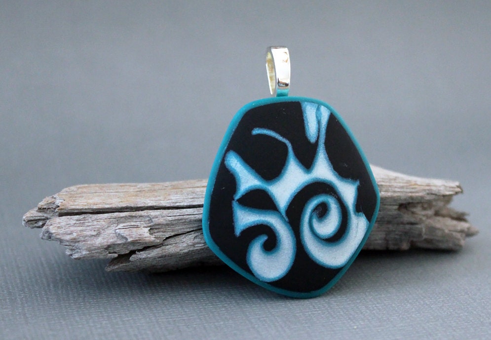 Polymer clay pendant. Black, pearl, turquoise. Swirls. Swirly. Free form. Pentagon. Asymmetrical.