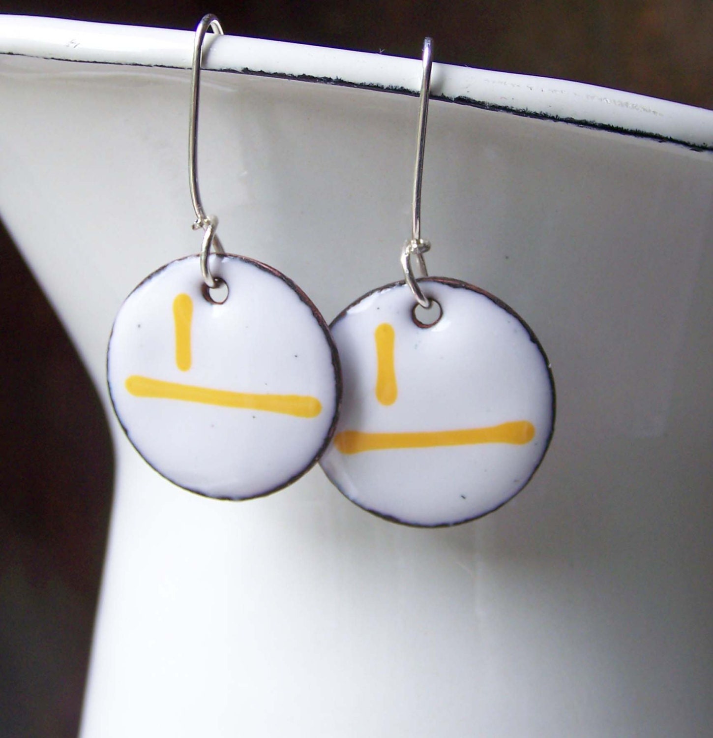 Enamel Earrings, Enamel Disc Earrings, Enamel on Copper, Copper Enamelled, White and Yellow Enamel, Etsy, Etsy Jewelry