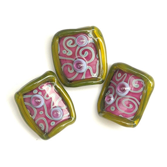 Through the Grapevine - Handmade Lampwork Glass Bead Set in Magenta and Copper Green, with Periwinkle and Olive (3)