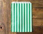 100 striped bags - 5 X 7 - candy, treat, or gift - green and white