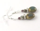 Oval Blue Green Teal Pottery Bead surgical steel french hook earrings