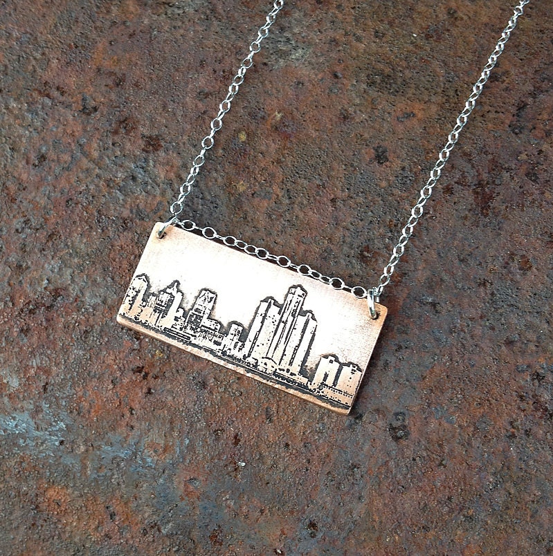 Detroit Michigan city skyline etched copper pendant with sterling silver chain handmade gift for her