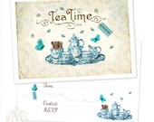 Alice in Wonderland, Mad Hatter Tea Party Invitations, Shower Tea, Mouse, Tea set, Butterflies, Blue