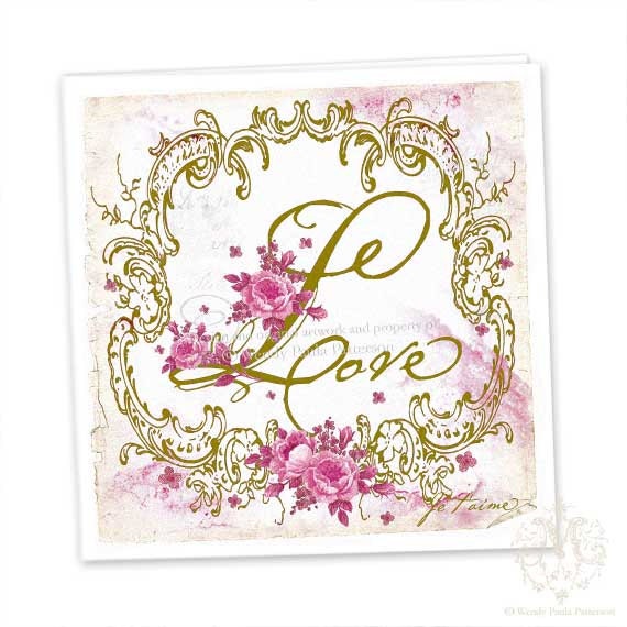 Love, Greeting Card, Valentine, Gold ornate frame, pink roses, Anniversary, Wedding, Mothers day, Engagement, birthday, typography
