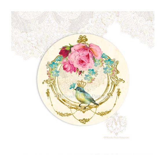 Crowned Bird, Sticker, Pink Roses, Shabby Chic, Forgetmenots, Lace, Blue Bird, Ornate Frame, Seals, Large Glossy Stickers, 2.25" diameter