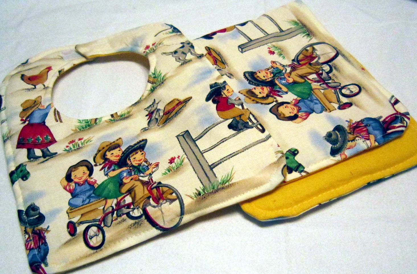 Baby Bib and Burp Pad set featuring cowboys for Toddlers too