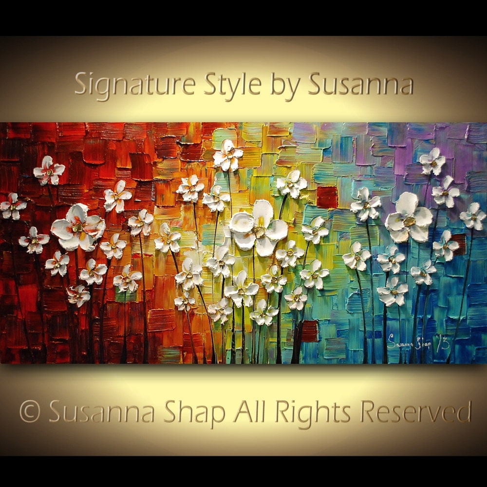 ORIGINAL Large Colorful Abstract White Flowers Landscape Oil Painting Multicolored Heavy Texured Modern Art by Susanna Ready to Hang 48x24