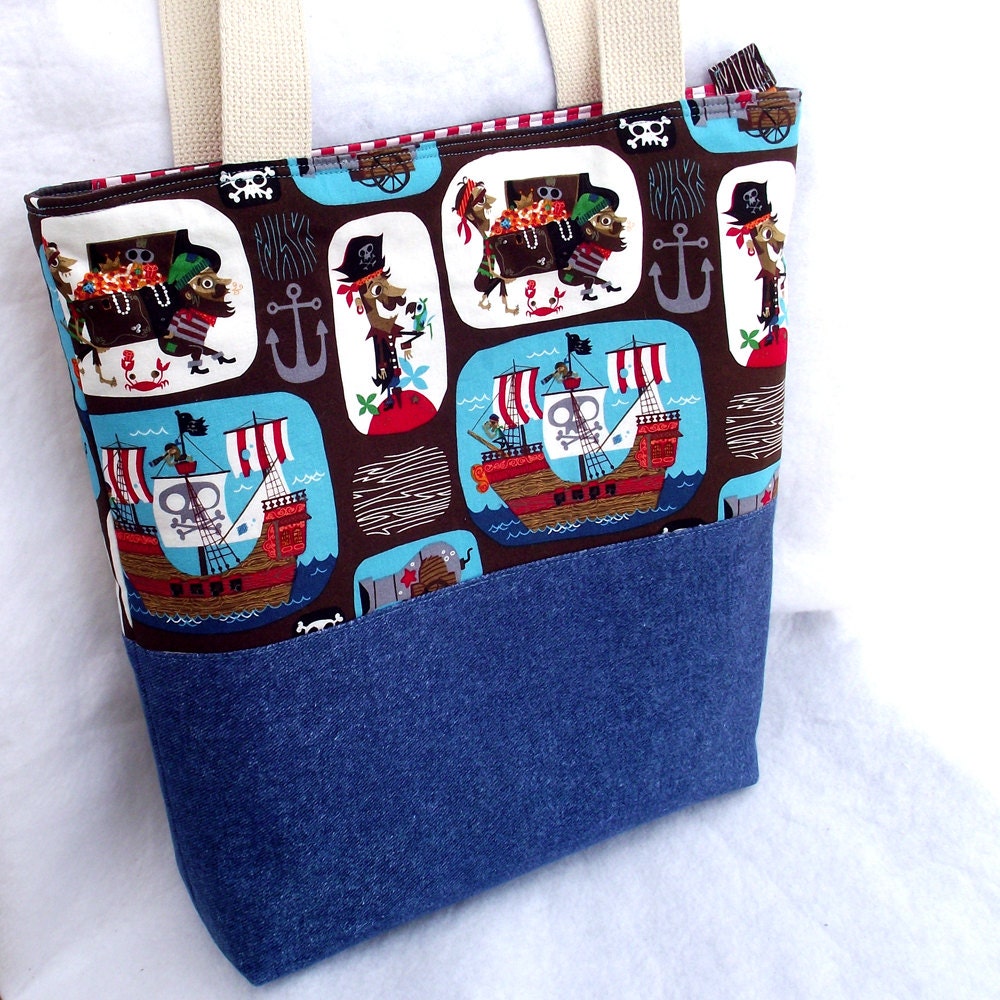 swashbuckling pirate diaper bag, handmade tote for mom, from new and reclaimed fabrics, denim book bag, market bag, mother's day gift
