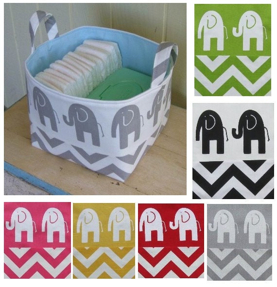 Fabric Bin- Diaper Caddy- Storage Basket- Elephants- Chevron You Choose The Color- Design It Yourself
