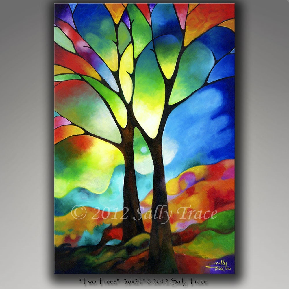 Abstract tree canvas giclee, 24x36 inch giclee on stretched canvas, in prismatic colors, made from my abstract painting "Two Trees""