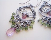 Olivia Earrings---Pink Topaz and Green Tourmaline Wire Wrapped Chandelier Earrings