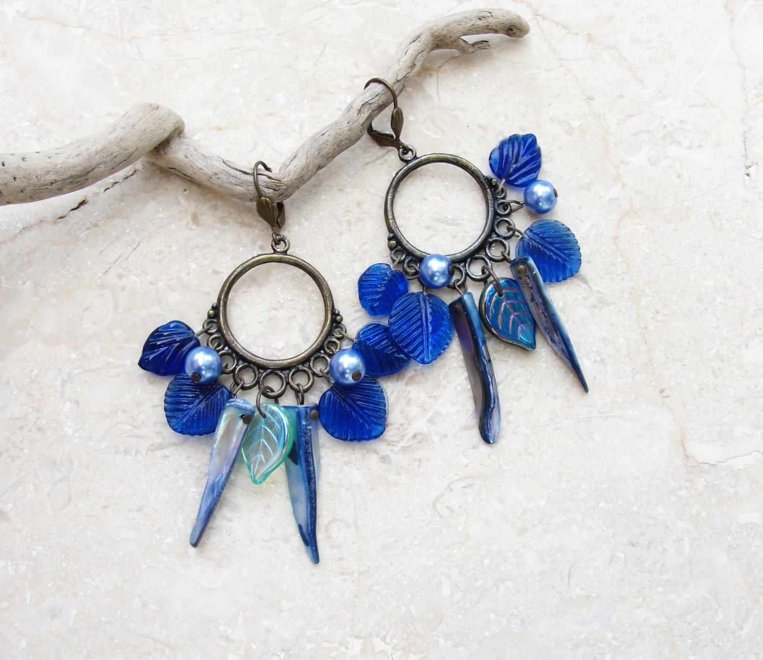 Cobalt Blue Earrings - Mysterious Nights - Earrings with Blue Crystal, Pearls and Vintage Glass