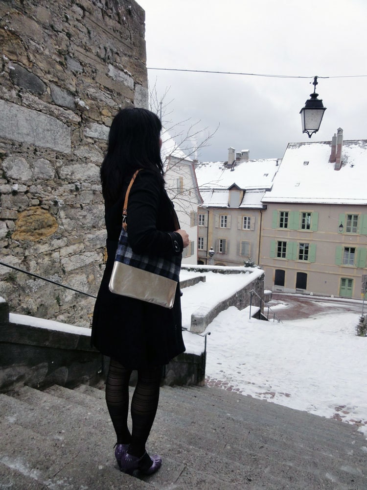 The Large Leather Clutch in European Wool and Silver  Leather  - Indie Patchwork Series - With Detachable Strap