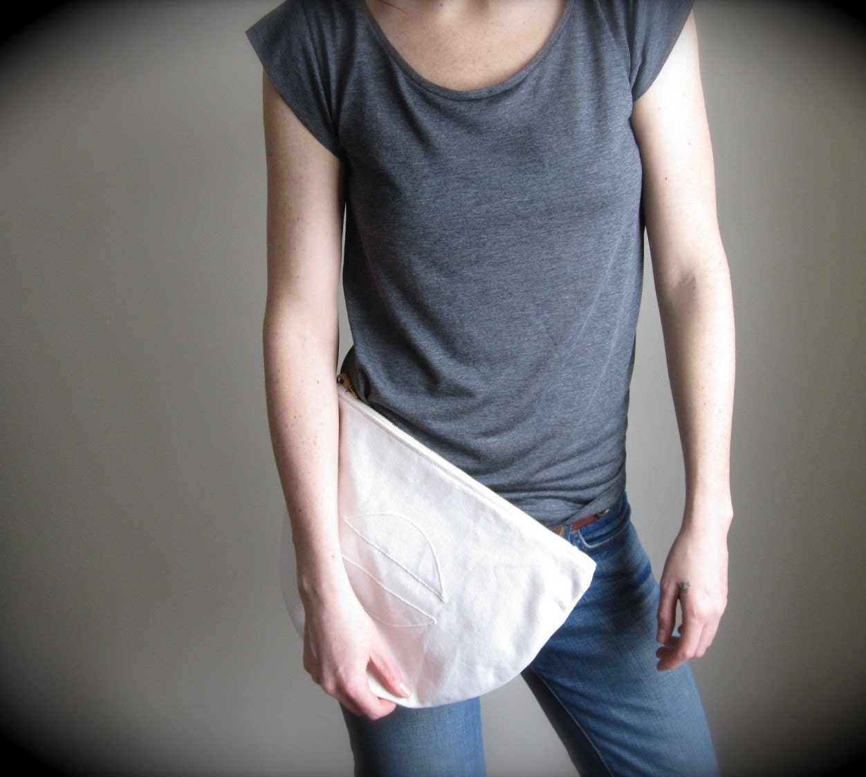 Half Circle Clutch /  Recycled Cotton Canvas / Pouch / Minimalist / Half Moon / Metal Zipper Bag - Ready to Ship