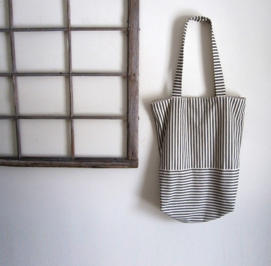 Ticking Stripe Canvas Tote / Market Bag / Classic / Rustic Striped Canvas and Organic Cotton / Mothers Day Gift