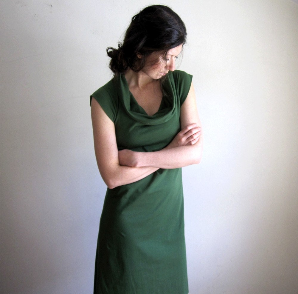 Organic Cotton Short Sleeve Ivy Green Dress / Cap Sleeve / Cowl Neck / Custom Made to Order - THIMBLEandACORN