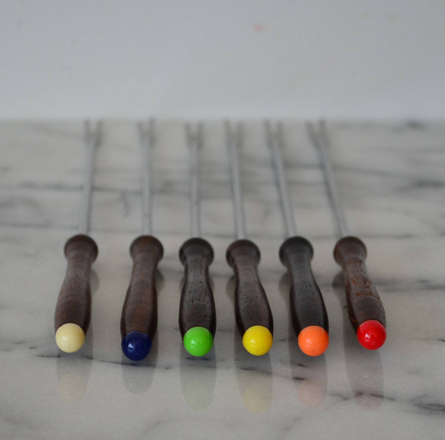 vintage set of fondue forks stainless steel with rosewood handles