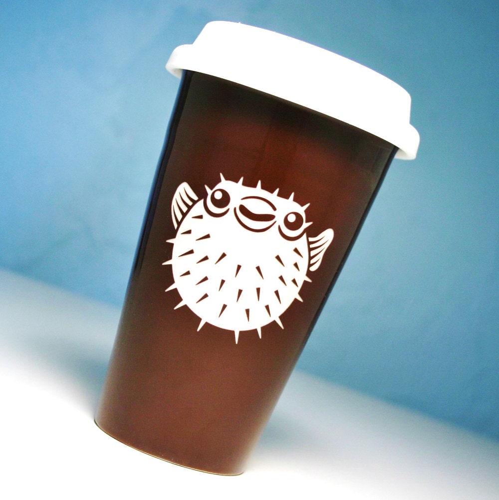 Puffer Fish Travel Mug - insulated java brown ceramic to-go cup - nautical fish mug