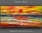 Art landscape painting abstract Ocean Sunrise art original Color Sky Vivid Beach art large acrylic painting on canvas by Tim lam 48x24x1.3