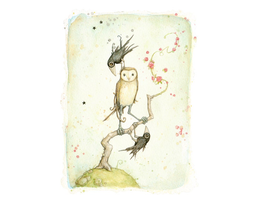 Owl and Two Crows - Signed art print of an original watercolor by Leontine Greenberg (8.5" x 11")
