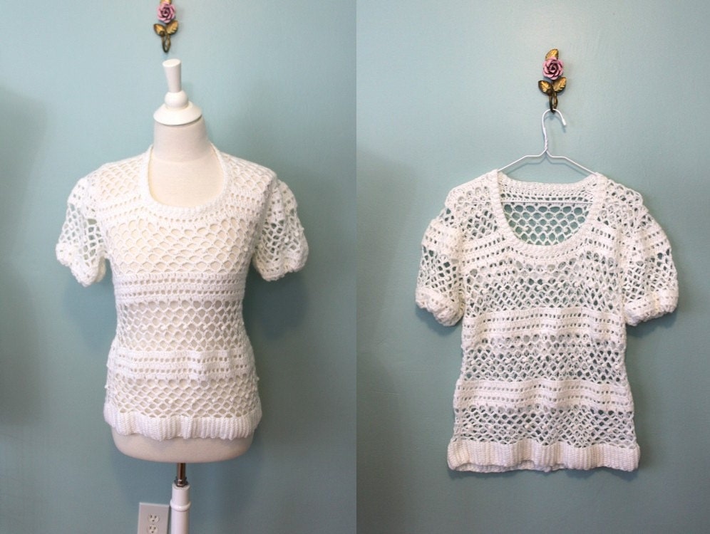 1970s BOOK CLUB chunky crochet knit open knit sweater blouse top -ML