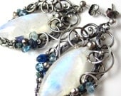 Winter Frost - Moonstone Marquise, Silver, and Gemstone Earrings