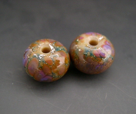 Naos Glass - GLOSSY Opal Gardens - Made To Order Handmade Lampwork Beads SRA - Yellow Rust Lavender Pair leteam
